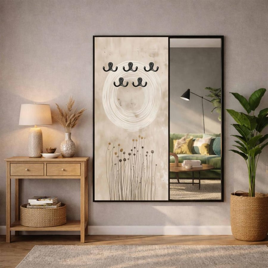 لوحة قماشية بتصميم مودرن لتعليق الملابس مع مرآة