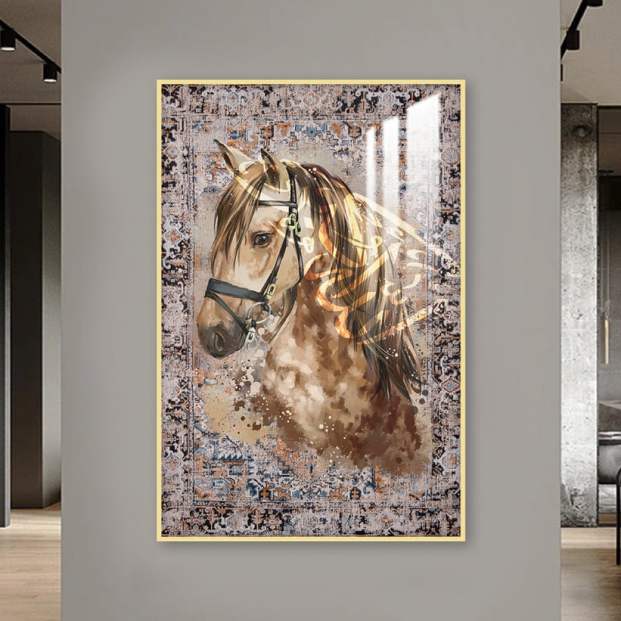 Wall art with horse design, frame, and acrylic layer