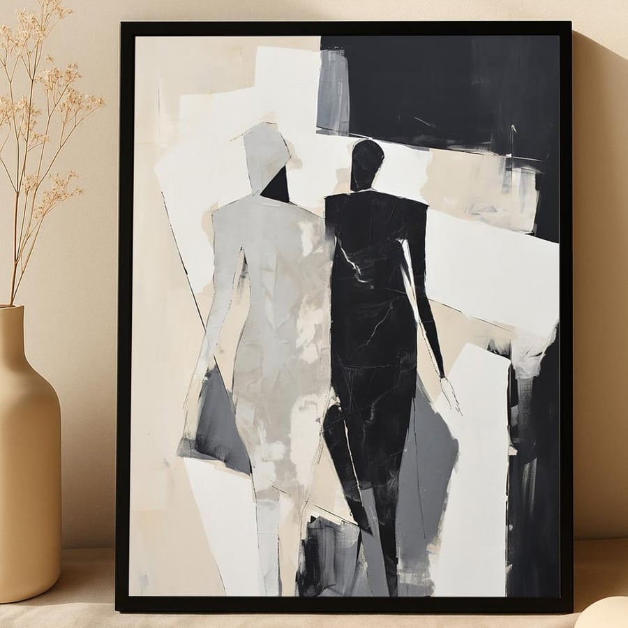 A fabric painting with abstract art design and a hollow frame
