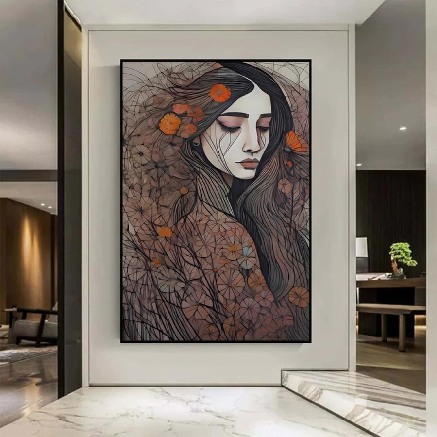 لوحة قماشية بتصميم تجريدي بتصميم فتاةمع برواز مجوف