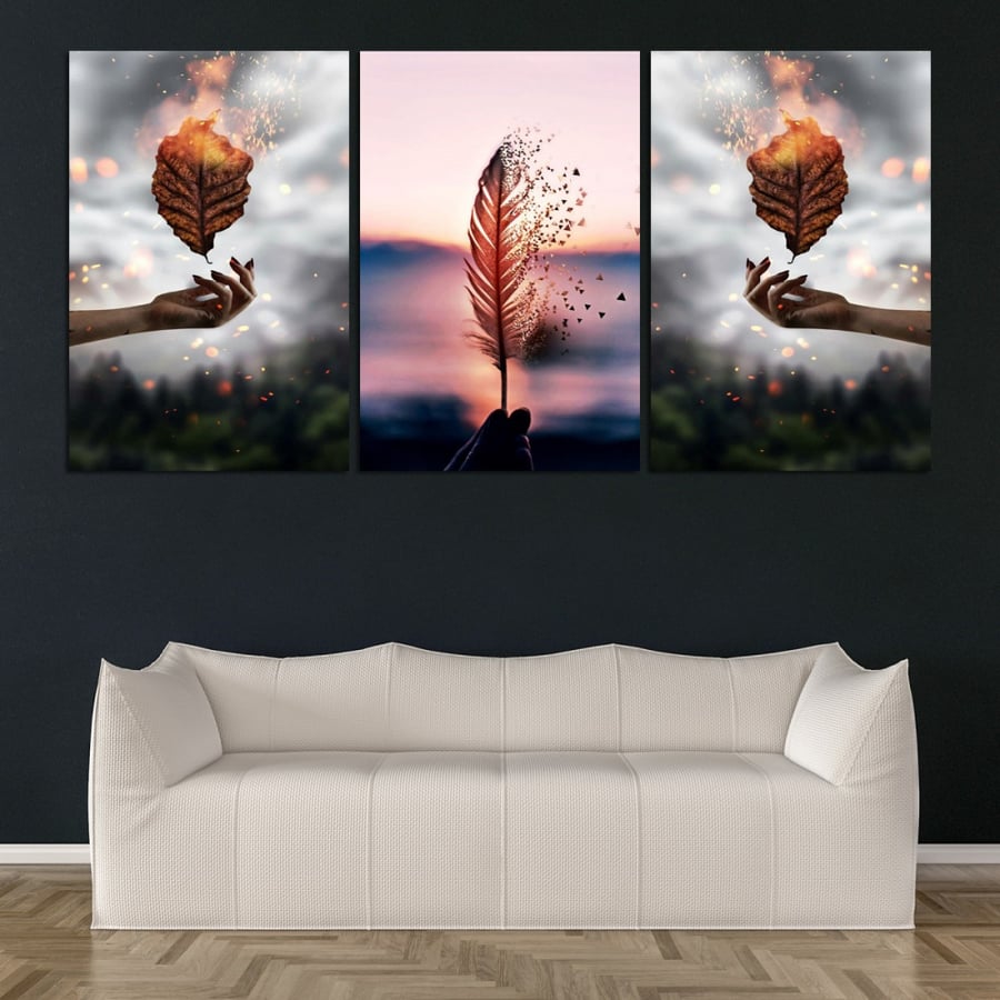 Three modern canvas paintings with leaf design