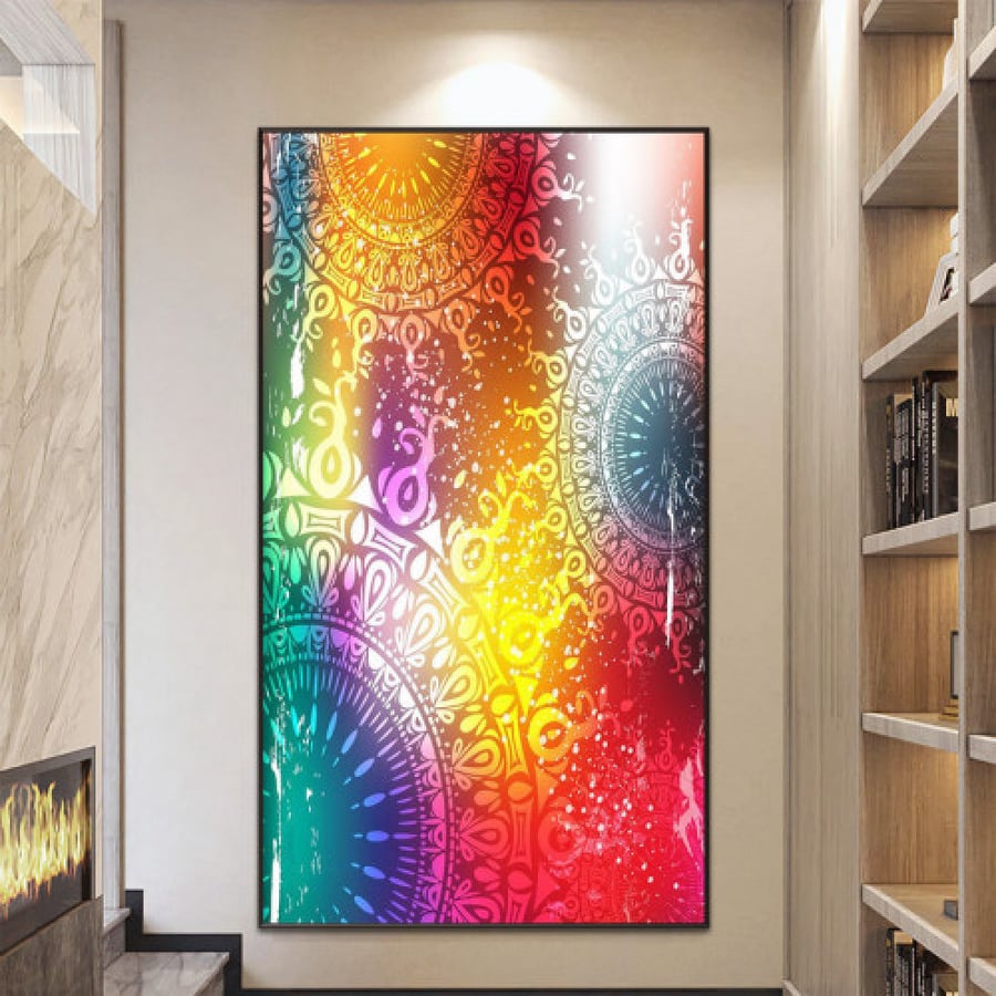 A fabric painting with a modern design and a hollow frame