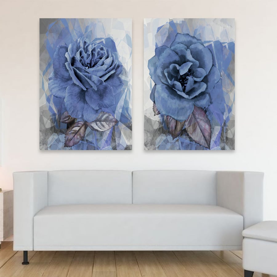 A dual fabric painting with a modern design and a rose pattern