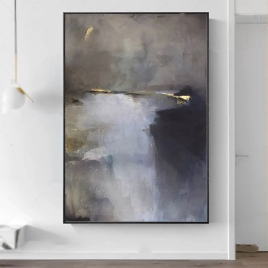 A fabric painting with an abstract drawing design and a hollow frame