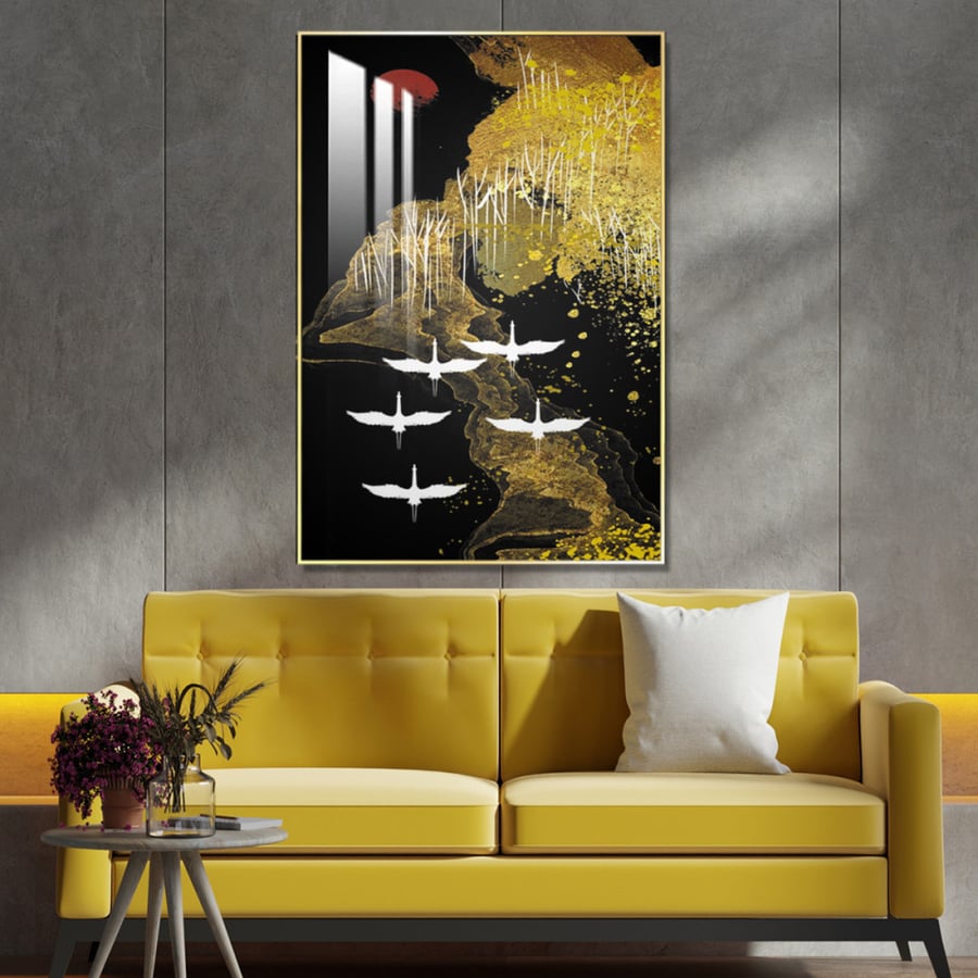 Wall art with abstract art design, frame, and acrylic layer