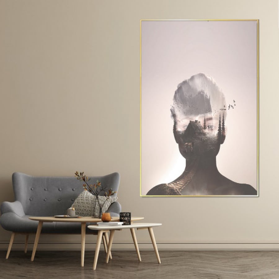 A fabric painting with a modern design and a hollow frame