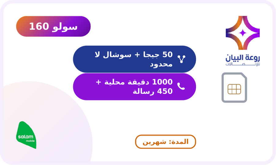 شريحة جديدة سلام باقة سولو 160 لمدة شهرين