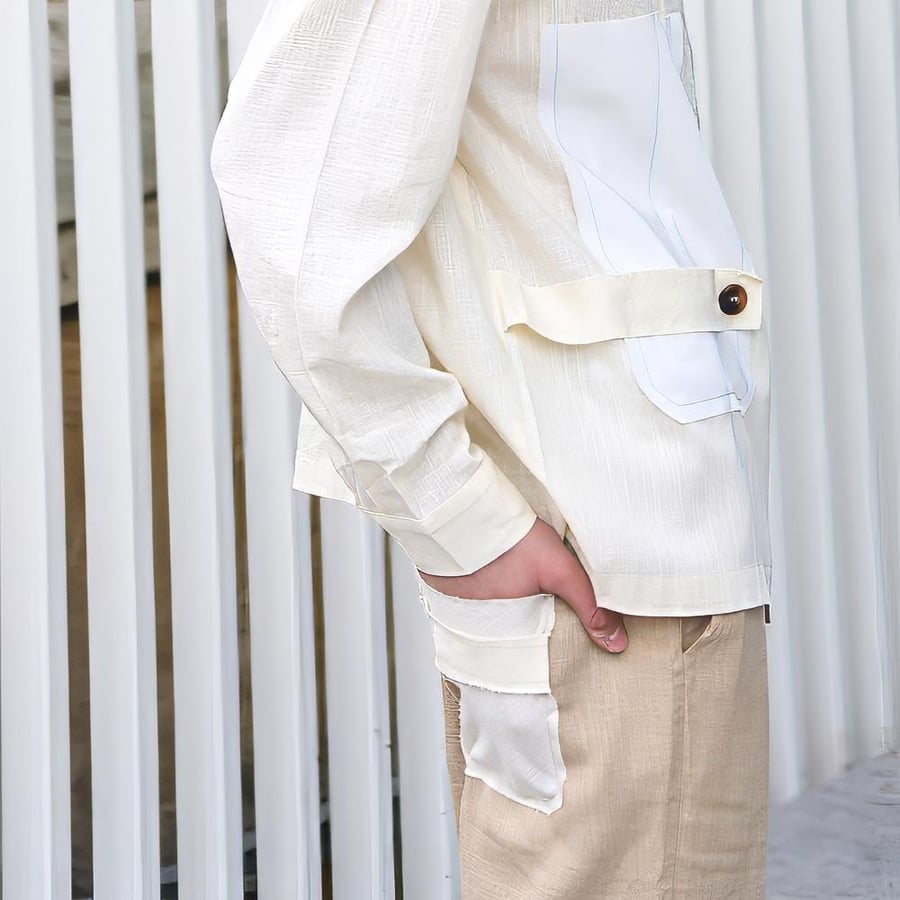 D02–08 Beige Raw Stitch Pocket Pants