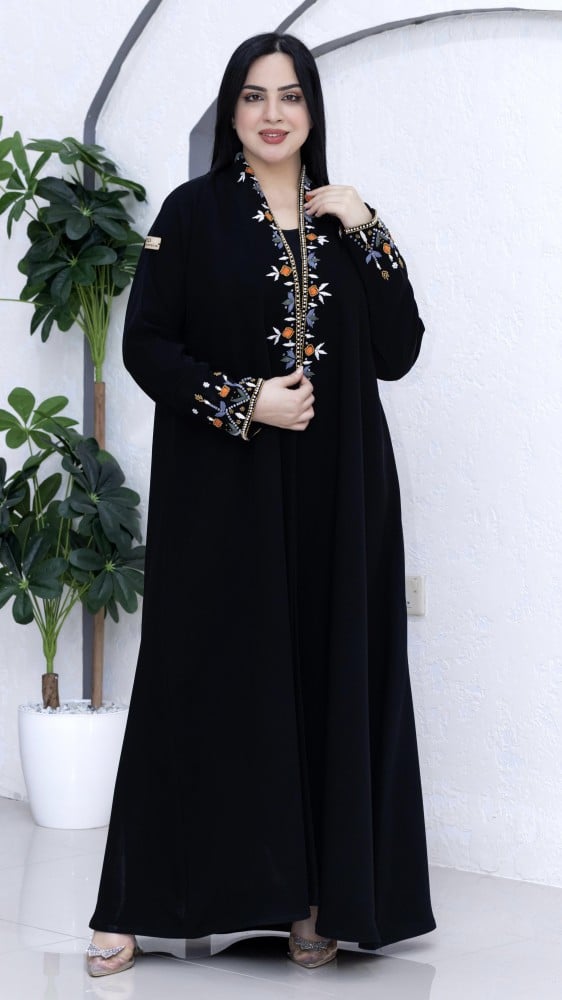 عباية كريب اندونيسي اسود تطريز ملون