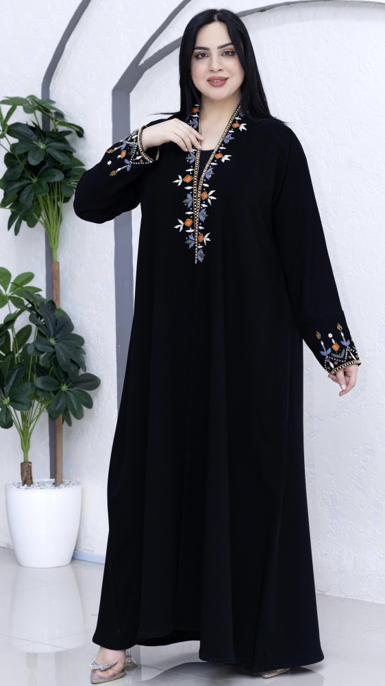 عباية كريب اندونيسي اسود تطريز ملون