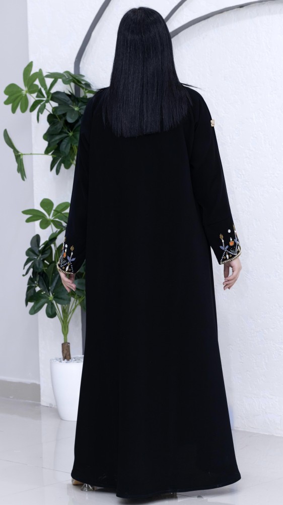 عباية كريب اندونيسي اسود تطريز ملون