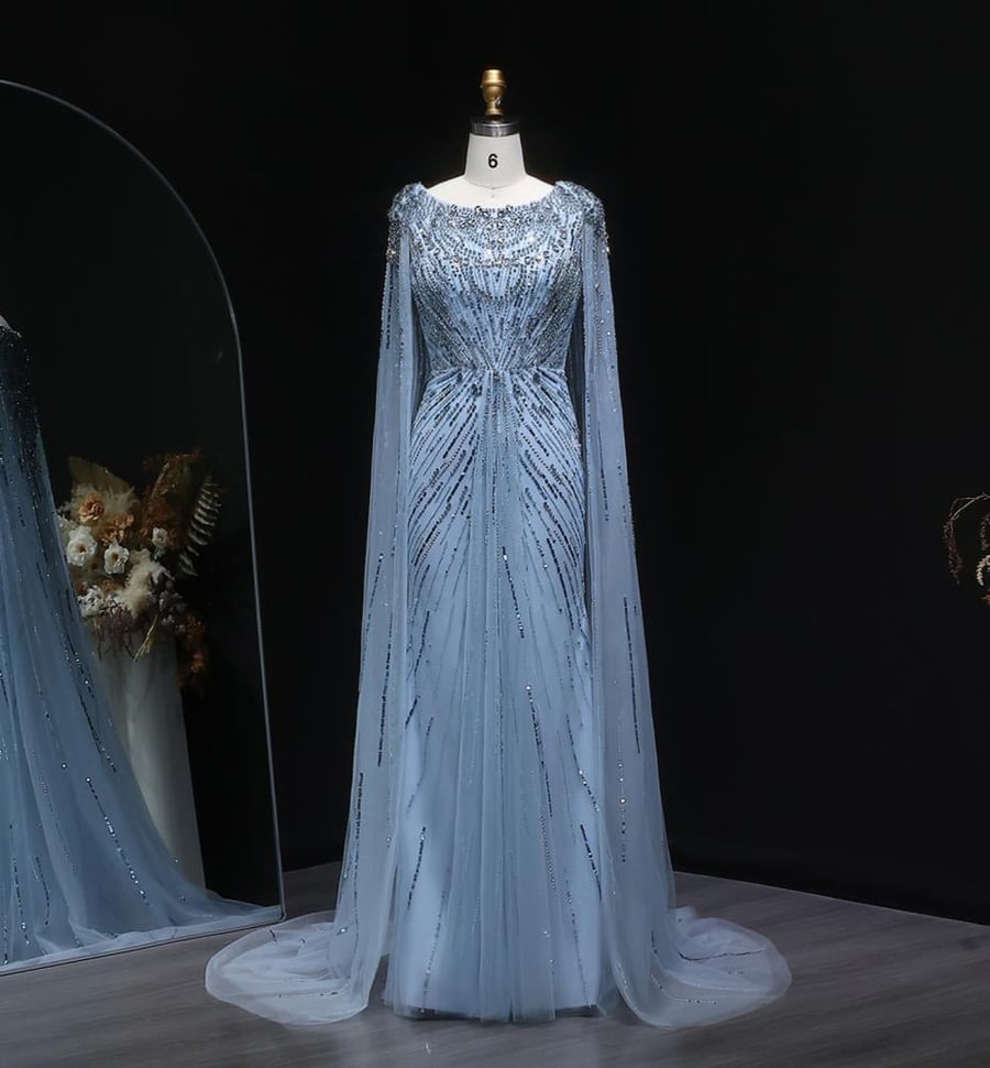 Luxury evening gown with a high royal collar and embellished scarf for occasions