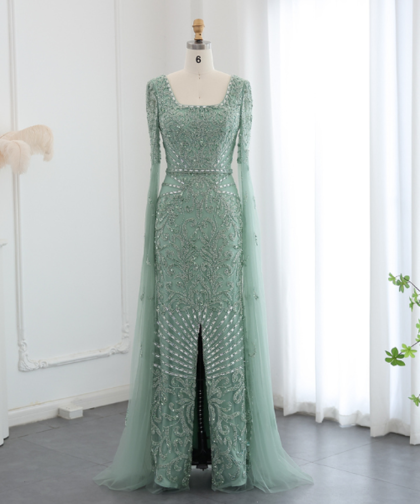 Luxury evening dress with cape sleeves and square neckline