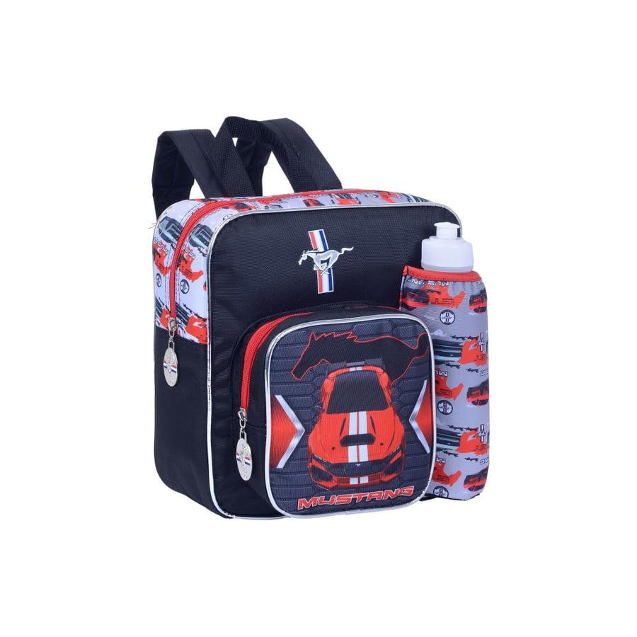 Mustang backpack with water bottle, car patterned, with a distinctive pendant and writing