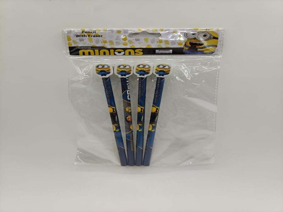 Minions pencil pens with eraser, eraser with Minions character design, set of 4 pens, for drawing, writing, and shading - blue