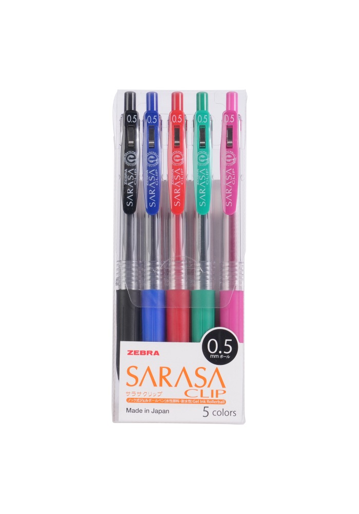 Zebra Sarasa Clip Gel Pens 0.5 mm, for smooth writing, drawing, note-taking, set of 5 colors