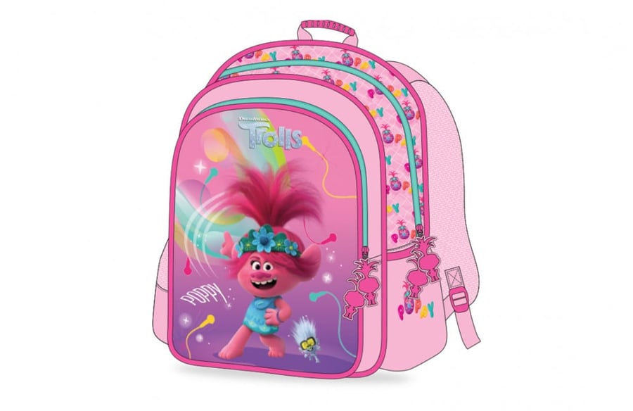 Trolls girls' school backpack 16 inches with pencil case, with main pocket and front pocket, perfect for school, travel, and camping - pink