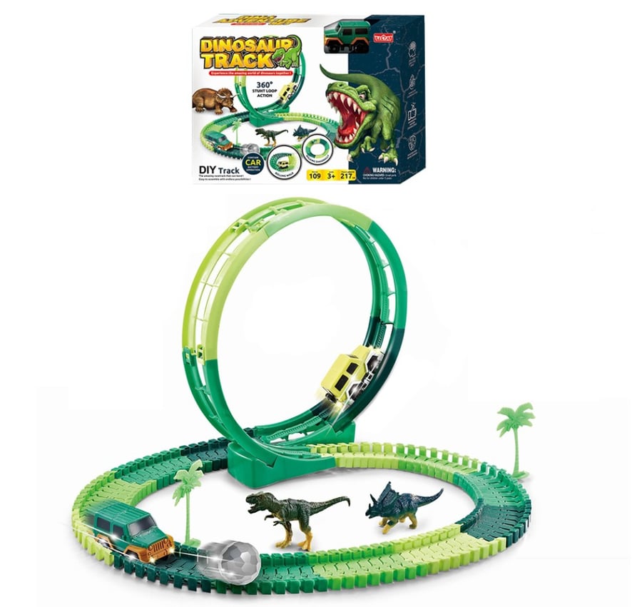 Dinosaur racing track set 109 pieces with car, track length 217 cm, easy to assemble, for ages 3 years and up