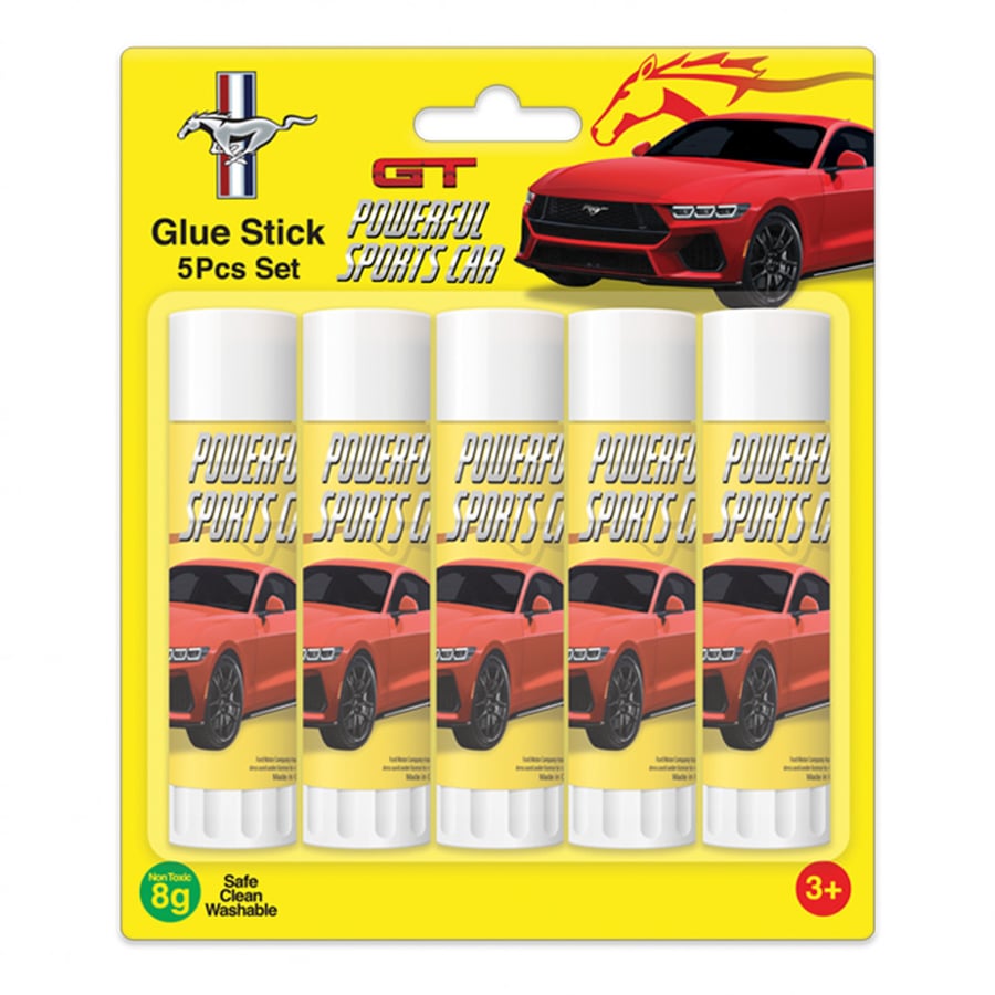 Mustang glue stick 8x5 grams for children, non-toxic safe for ages 3 and up, washable for easy cleaning, ideal for crafts, artistic projects, and paper work.