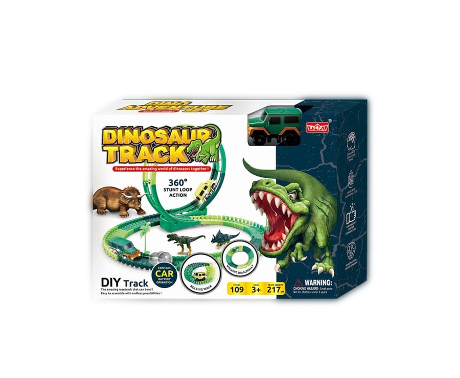 Dinosaur racing track set 109 pieces with car, track length 217 cm, easy to assemble, for ages 3 years and up