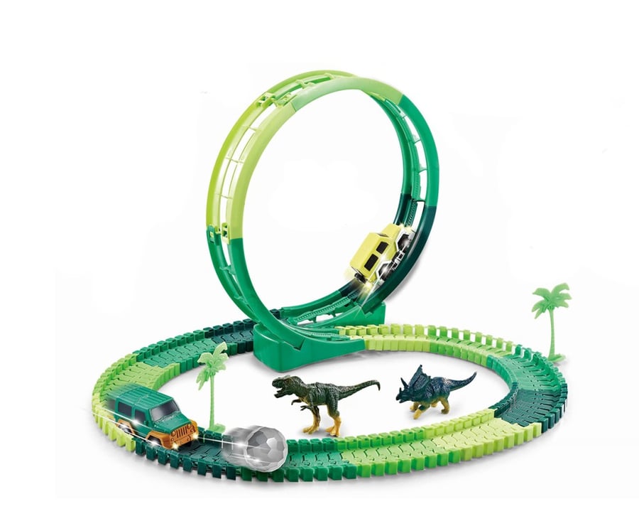 Dinosaur racing track set 109 pieces with car, track length 217 cm, easy to assemble, for ages 3 years and up