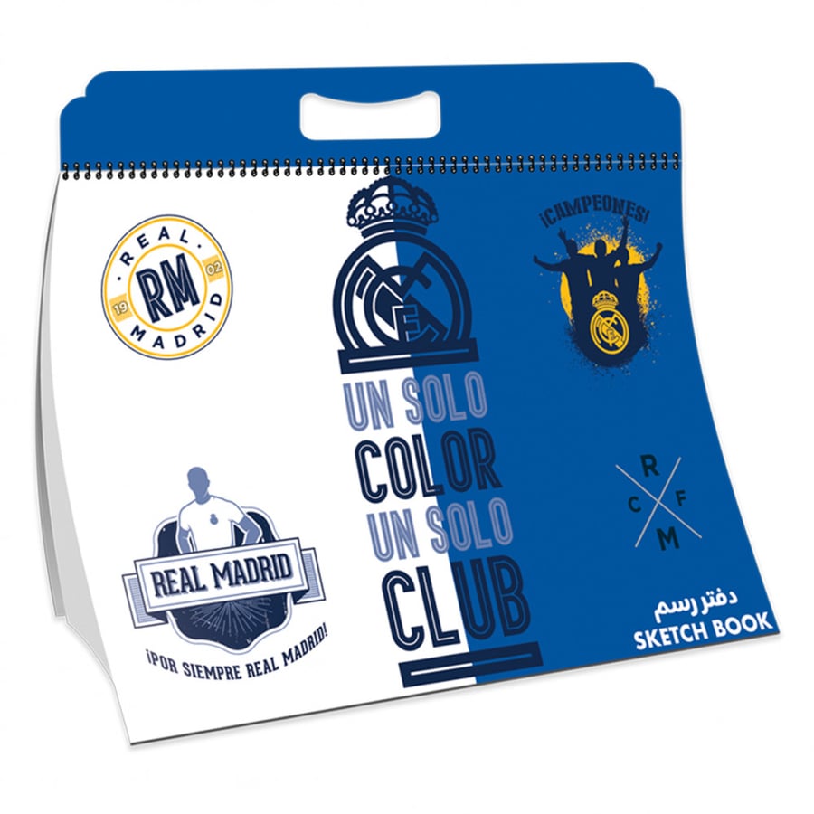 Real Madrid spiral sketchbook (350 × 252 mm), 15 sheets, plastic cover, for drawing, coloring, and writing - white & blue