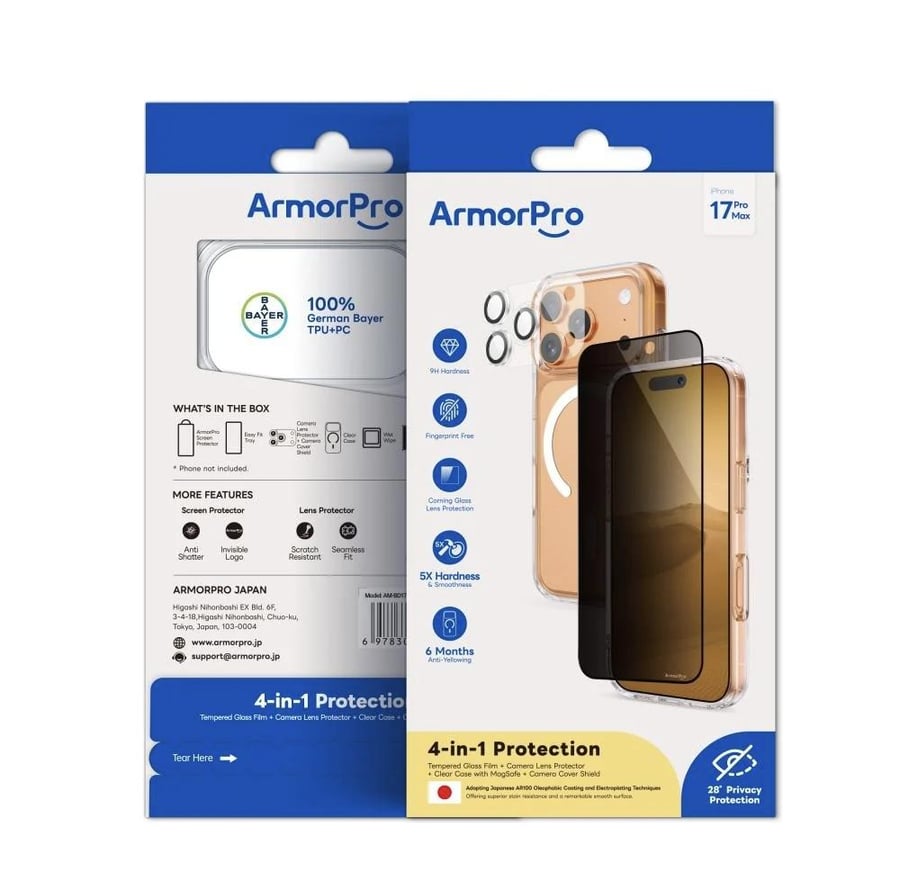 بكج ArmorPro اربعة في واحد ( كفر حماية ماج سيف شفاف + حماية شاشة خصوصية + كفر للكاميرا + حماية للعدسات ) للايفون 17 برو ماكس