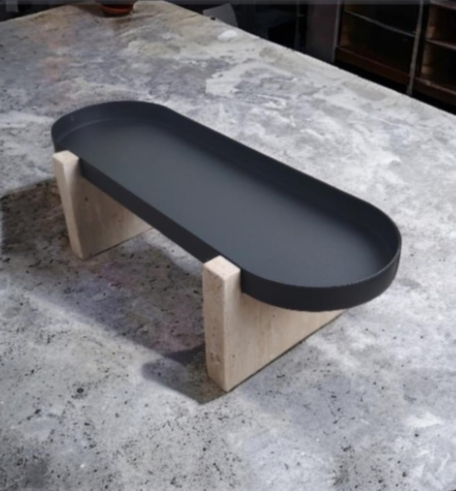 Metal base with travertine marble base