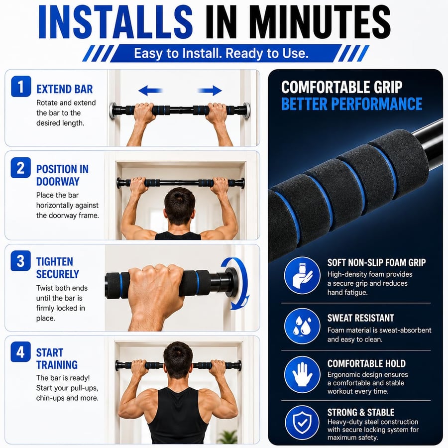 قضيب سحب قابل للتعديل من ARTFit بطول 95--85 سم للتمارين المنزلية، يُثبّت على باب المنزل بدون حفر، يتحمل وزنًا يصل إلى 100 كجم، مناسب لتمارين السحب وتمارين الجزء العلوي من الجسم.