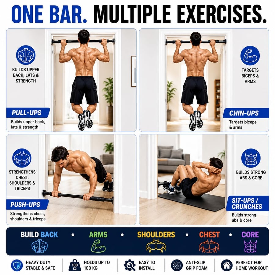 قضيب سحب قابل للتعديل من ARTFit بطول 95--85 سم للتمارين المنزلية، يُثبّت على باب المنزل بدون حفر، يتحمل وزنًا يصل إلى 100 كجم، مناسب لتمارين السحب وتمارين الجزء العلوي من الجسم.