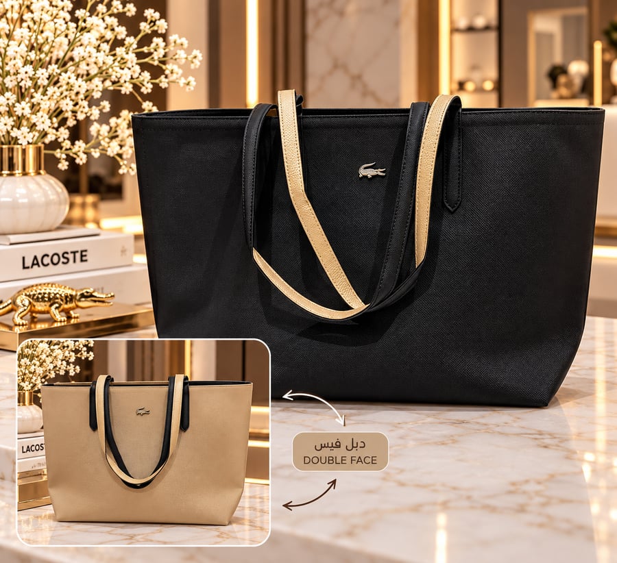 شنطة كتف كبيرة دبل فيس LACOS - أسود بيج