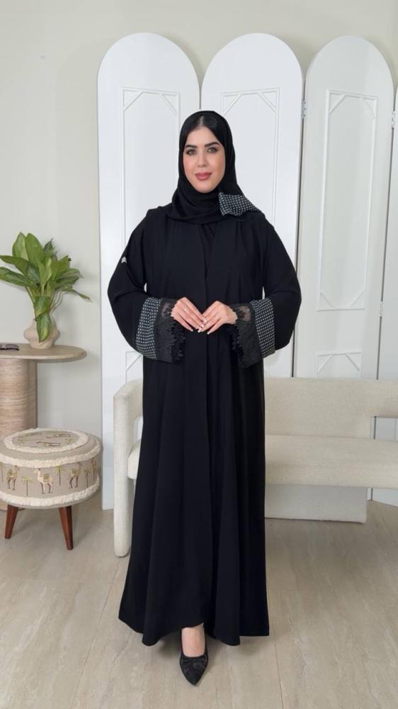 عباية قماش انترنت كلفة دانتيل بالكم قماش منقط لون اسود