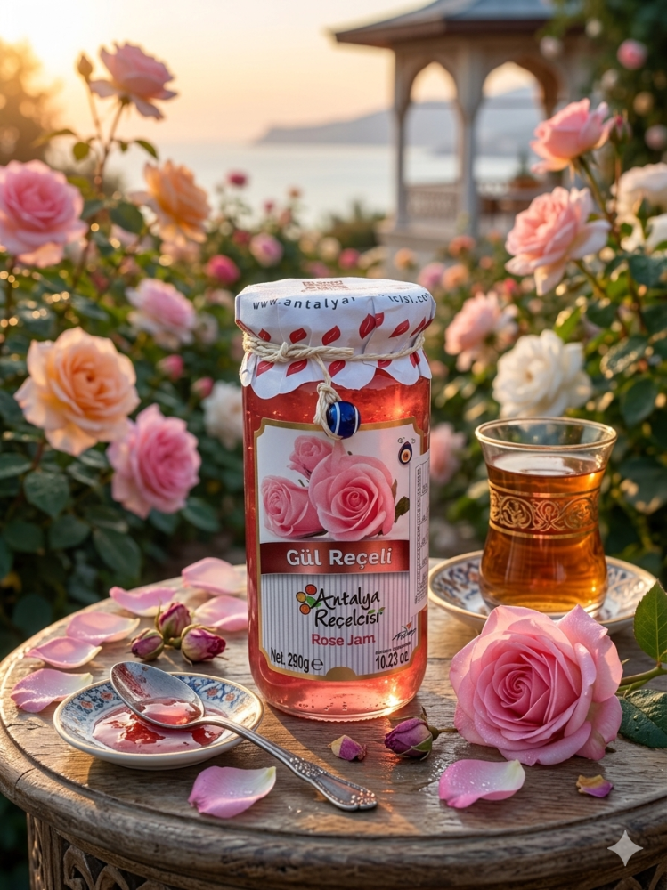 مربى الورد تركي من "أنطاليا " (Antalya Reçelcisi). طبيعيًا وغنيًا بقطع الفاكهة - تركي مستورد.