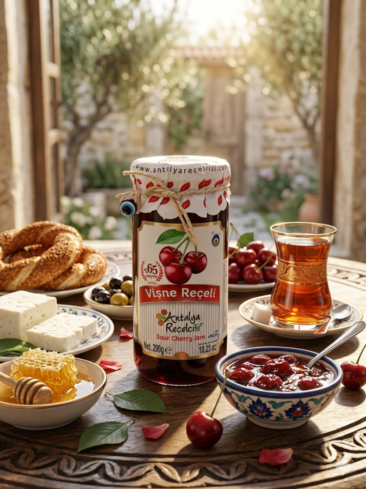 مربى الكرز تركي من "أنطاليا " (Antalya Reçelcisi). طبيعيًا وغنيًا بقطع الفاكهة - تركي مستورد.