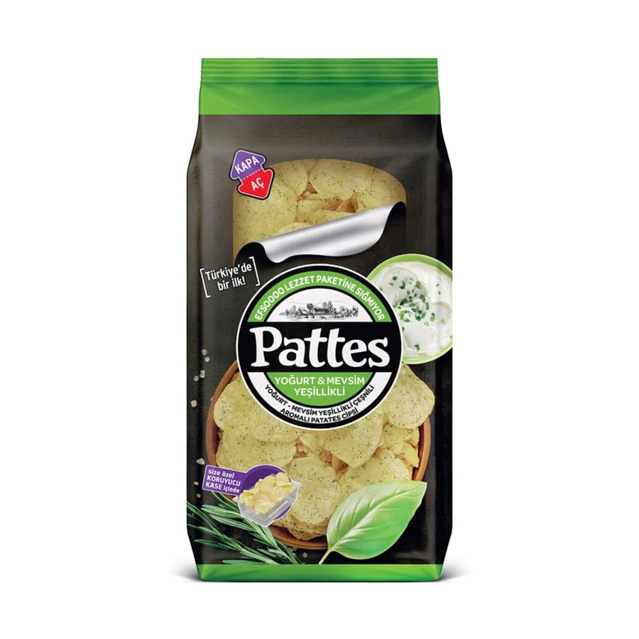 شيبس رقائق البطاطس Pattes زبادي وخضروات موسمية تركي مستورد ١٠٠g حجم عائلي.