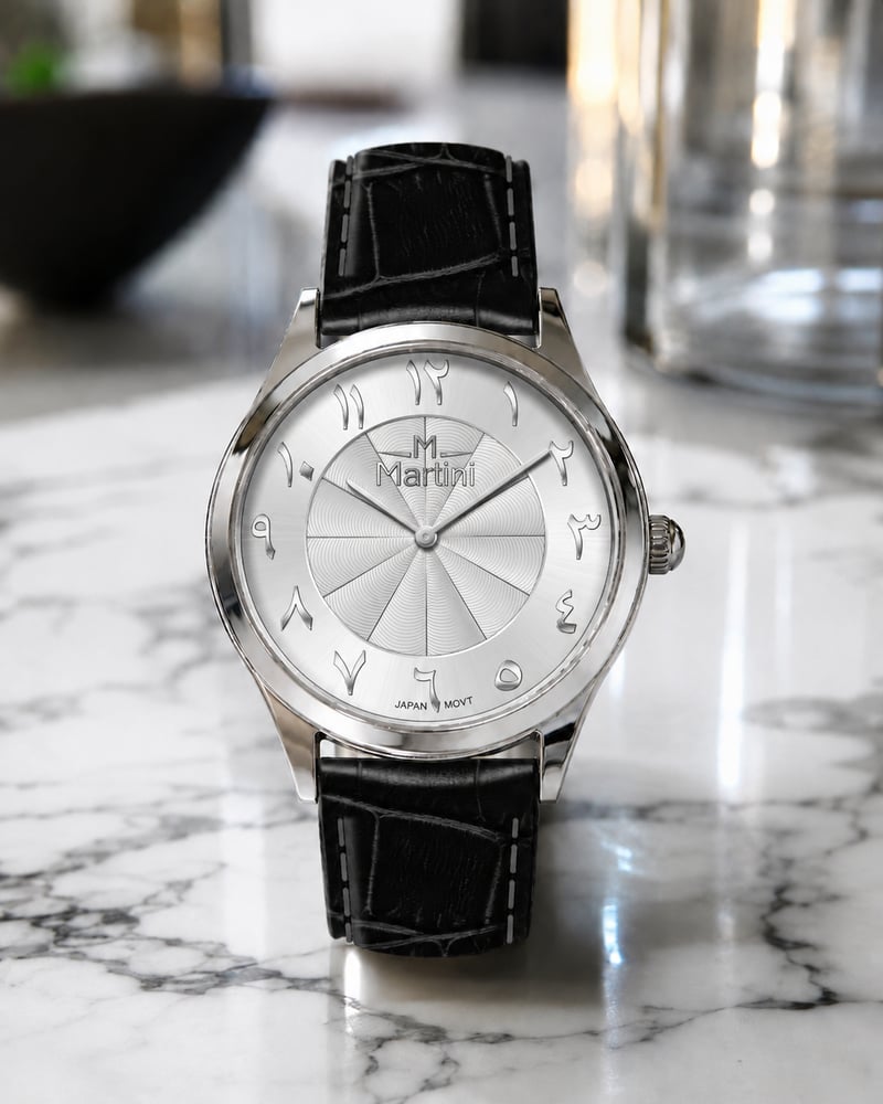ساعة مارتيني رجالية جلد بتصميم كلاسيك فضي وأسود 40mm