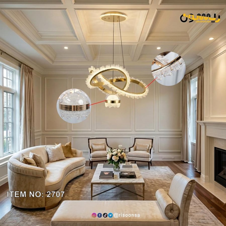 Modern golden chandelier with interlocking ring design and triple-color LED lighting with remote control