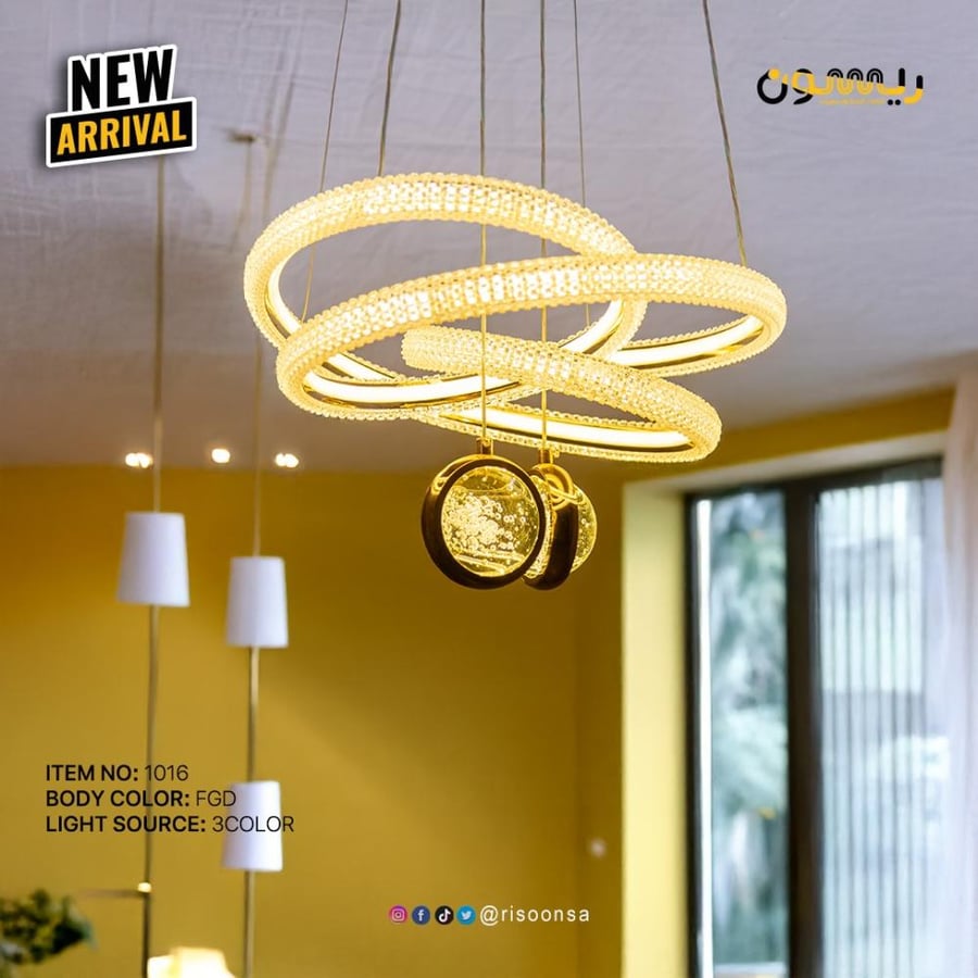 ثريا مودرن كريستال حلقات ذهبية LED - إضاءة 3 ألوان فخمة