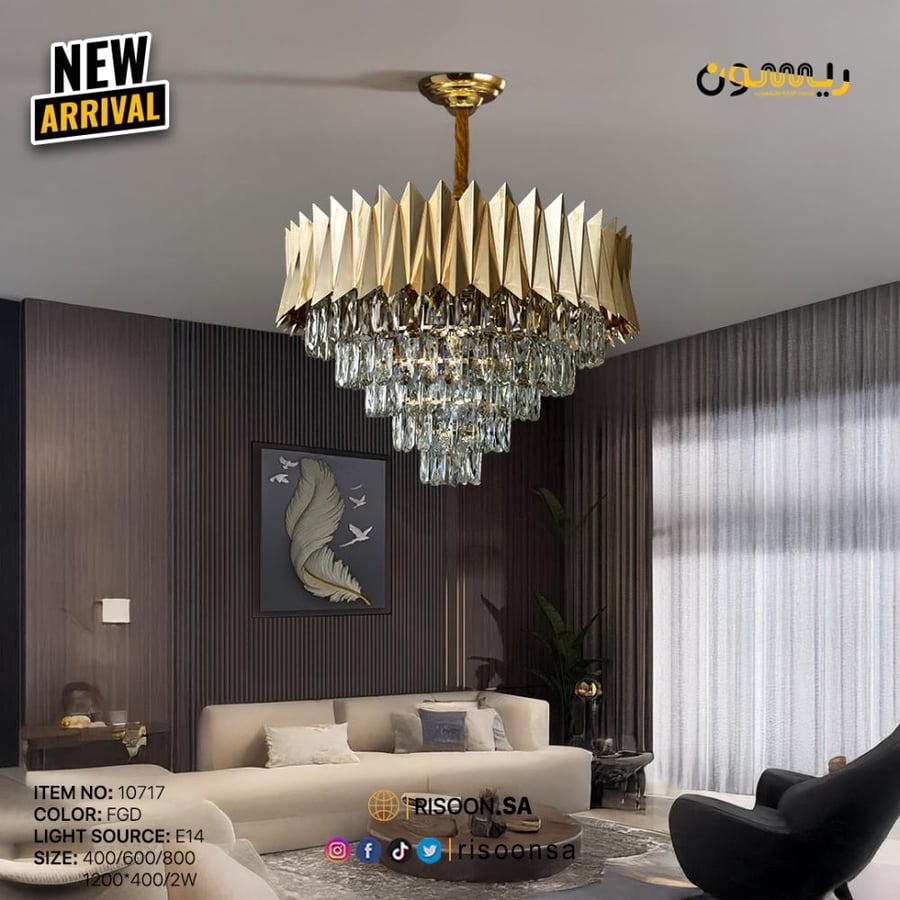 نجف ذهبي بتصميم هندسي وكريستال ثريا فخمة وعصرية مقاس 80سم باضاءة متعددة