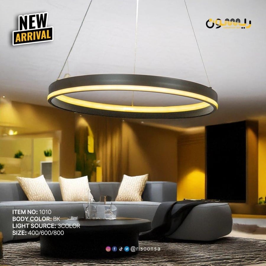 ثريا نجف مودرن LED بتصميم دائري أسود – إضاءة معلقة 3 ألوان مقاس 80 سم لغرف المعيشة والطعام