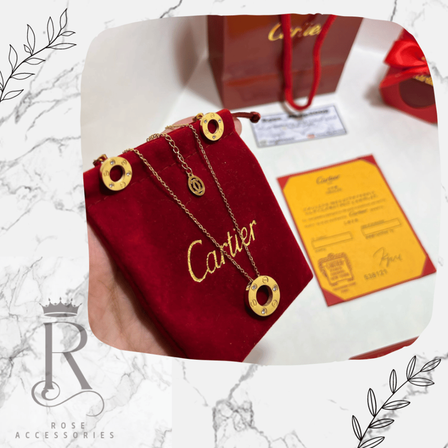 Cartier gold set two pieces necklace and earrings plated and with brand stamp, one-year warranty on the color
