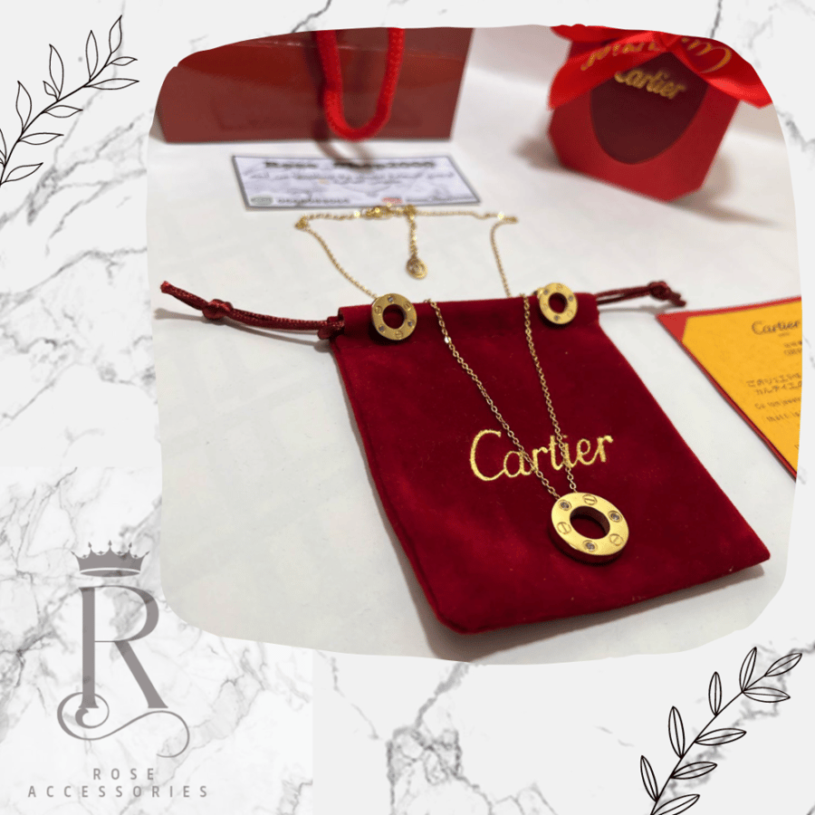 Cartier gold set two pieces necklace and earrings plated and with brand stamp, one-year warranty on the color