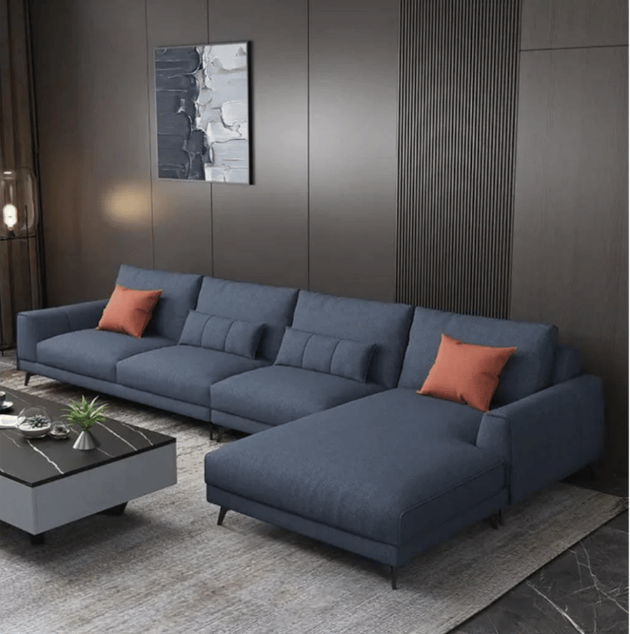كنبة زاوية بشكل حرف L من الكتان والخشب السويدي - 300x85x90 ​​سم - أزرق