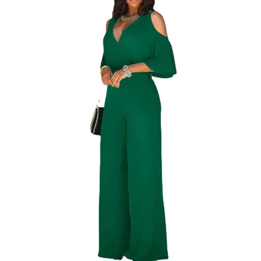 Women's summer loose jumpsuit large size with V-neck opening and wide legs