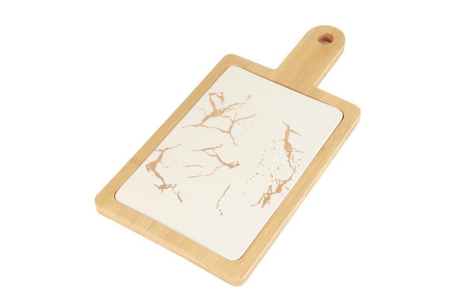 Rectangular ceramic dessert plate with a frame and wooden handle