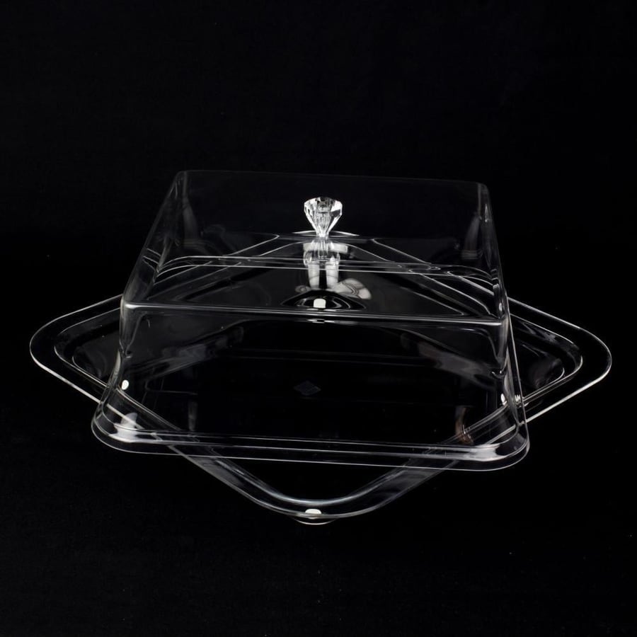 Transparent square acrylic serving tray – 33×33 cm size with a transparent lid and a crystal handle