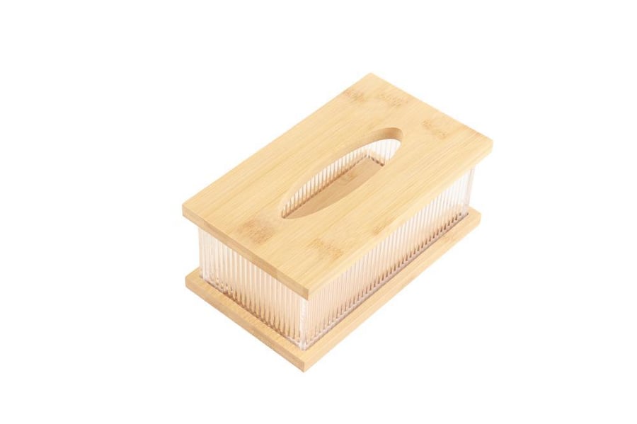 A box of tissues with a top and bottom wooden cover and a transparent acrylic body with a modern design
