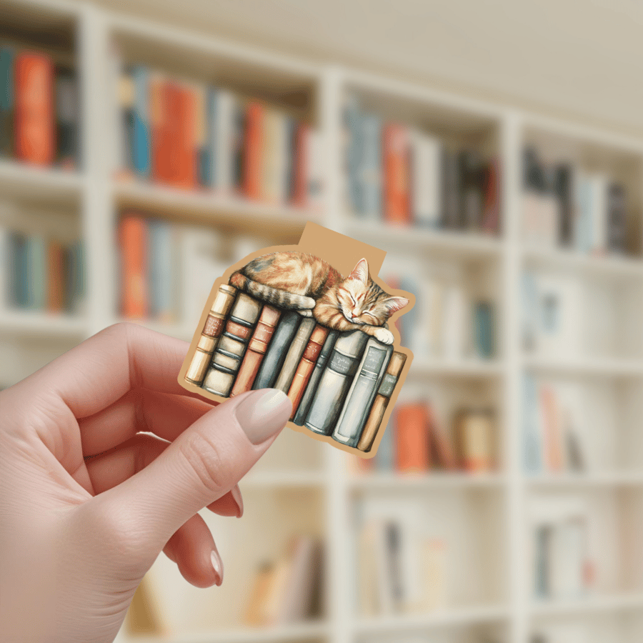 فاصل كتاب مغناطيسي | قطة فوق رف الكتب