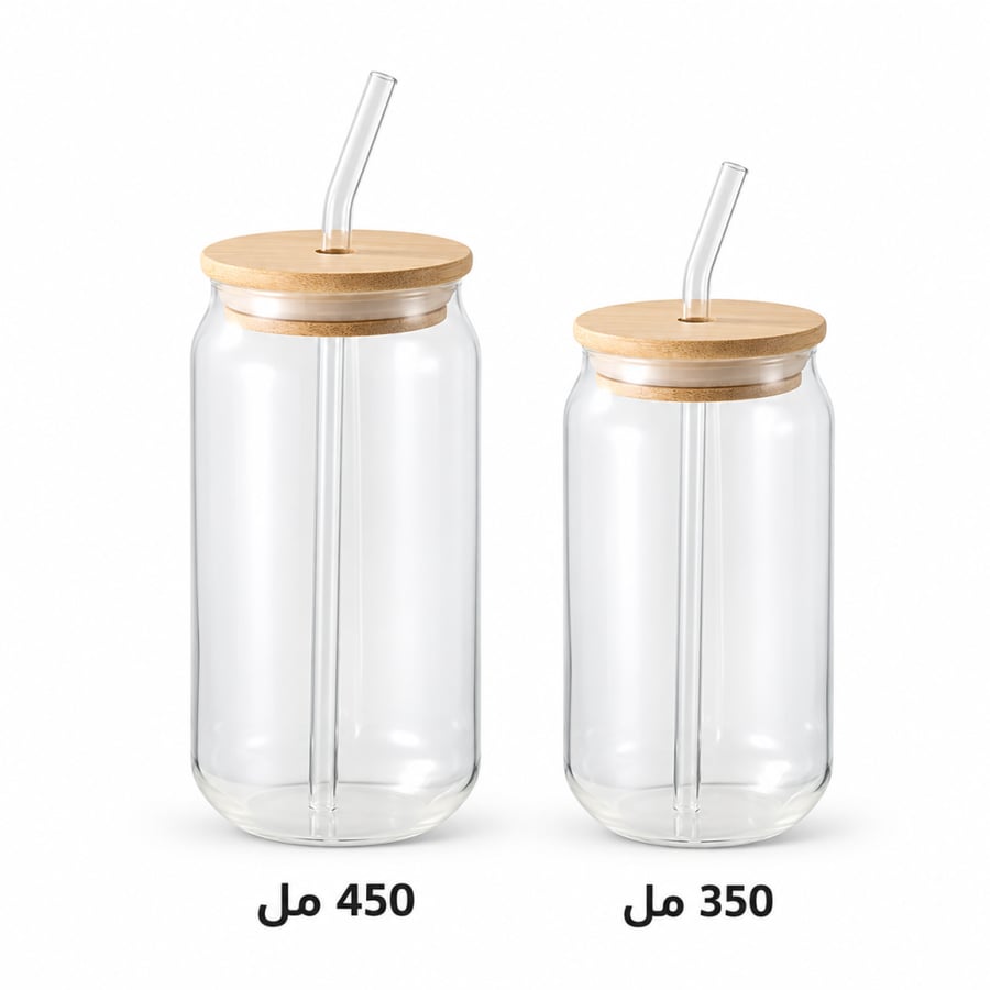 كوب زجاجي مع غطاء خشبي ومصاص