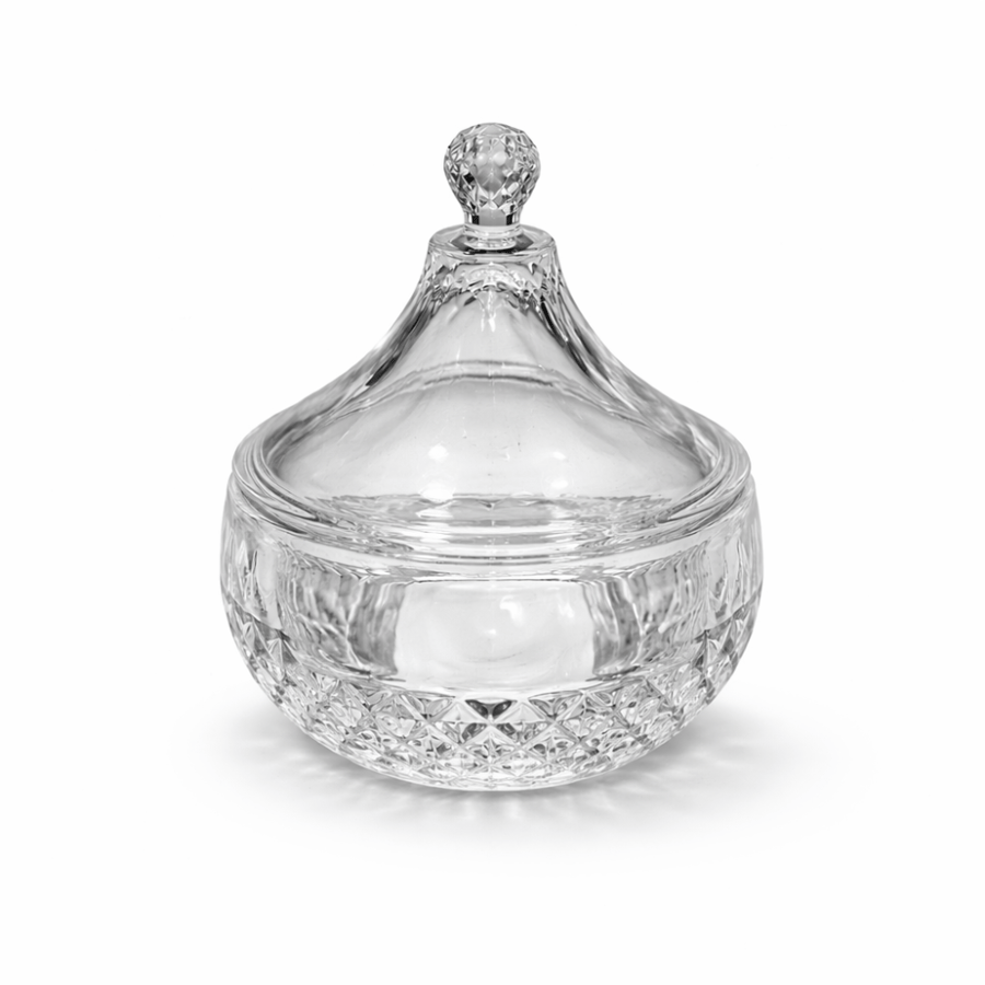 تمرية  مصنوعة من الزجاج الشفاف المنقوش قطر 13 ارتفاع 13 cm